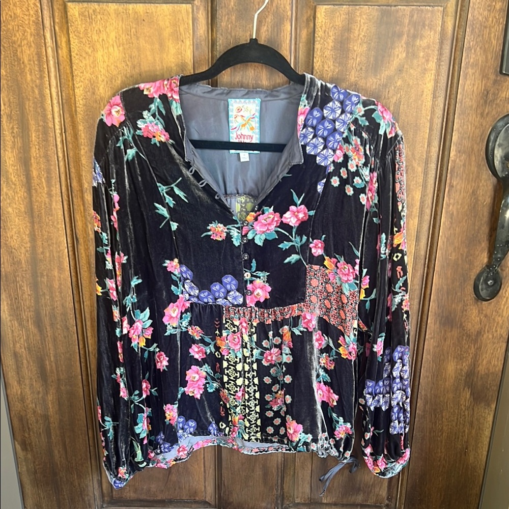 Johnny Was Burnout Velvet Gray and Pink Long Sleeve Blouse
